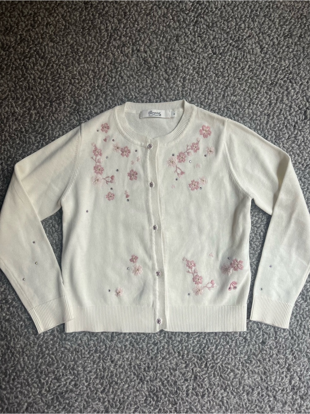 Bonpoint Cream Cardigan with Pink Floral Embroidery